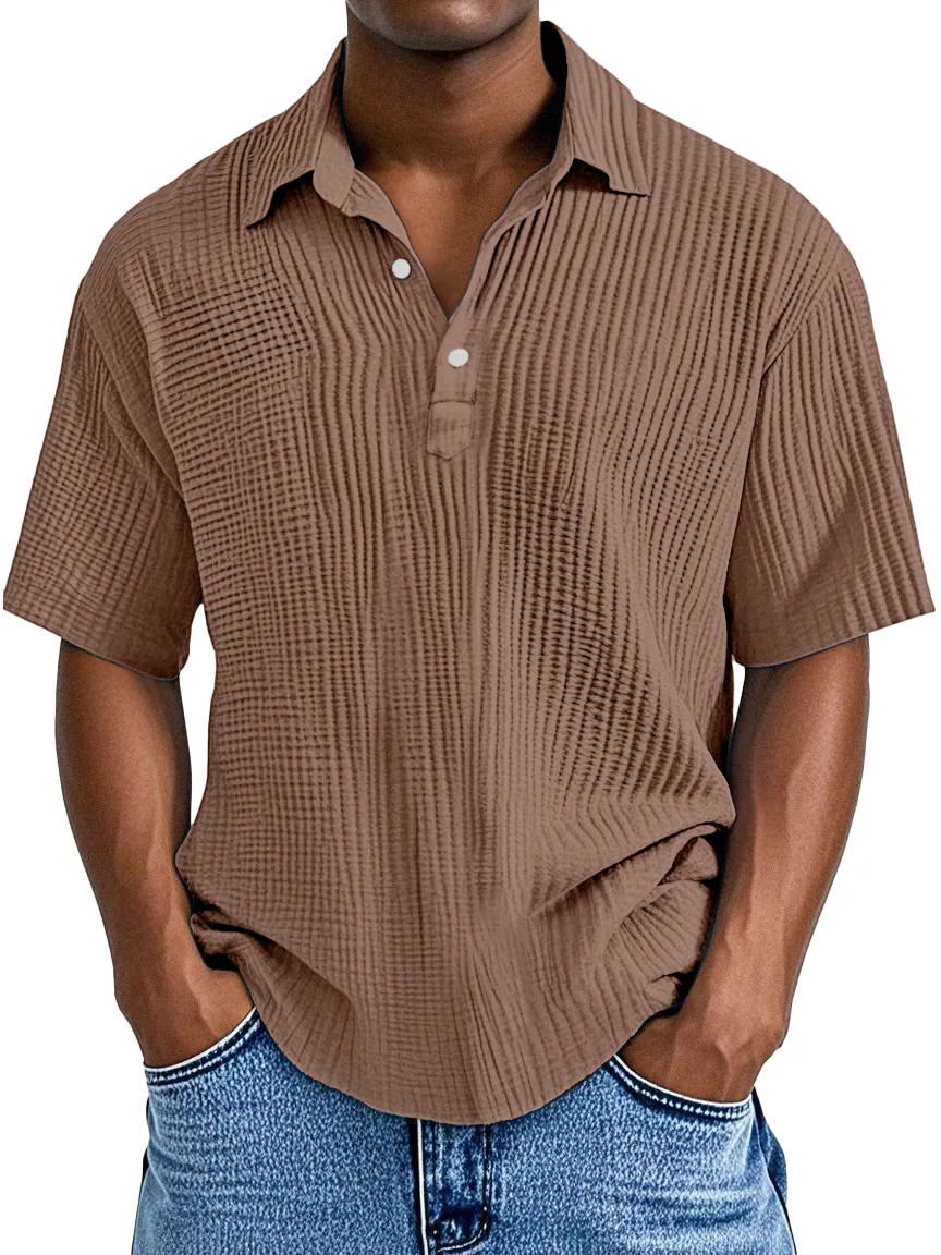 Polo à manches courtes pour homme, style décontracté quotidien, coupe ample avec texture plissée et col à revers