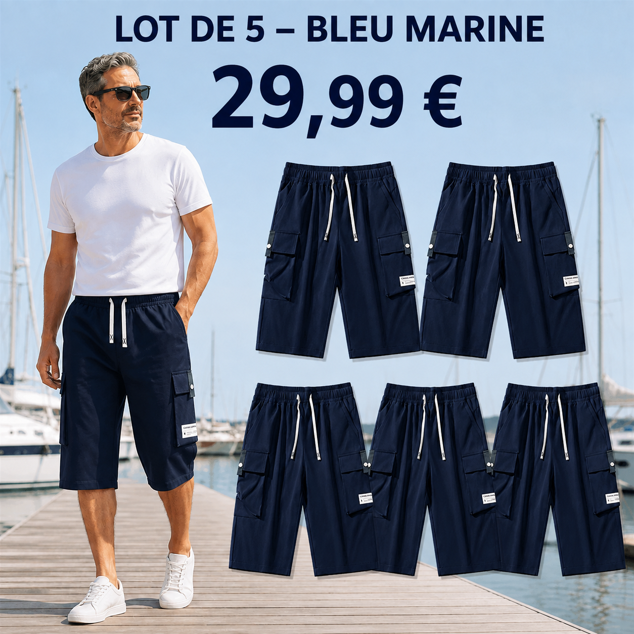 OFFRE FINALE - Lot de 10 a seulement 39,99 € - Pantacourt cargo homme a taille elastiquee et cordon