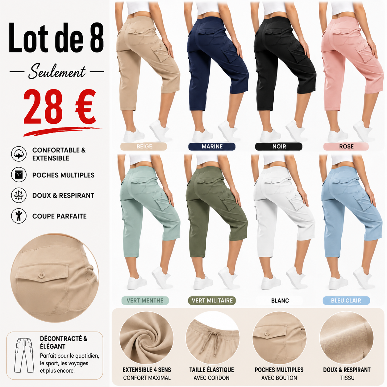 ⏰VENTE FINALE⚡ Lot de 16 pour 38 €⚡Pantalon cargo de randonnée léger pour femme