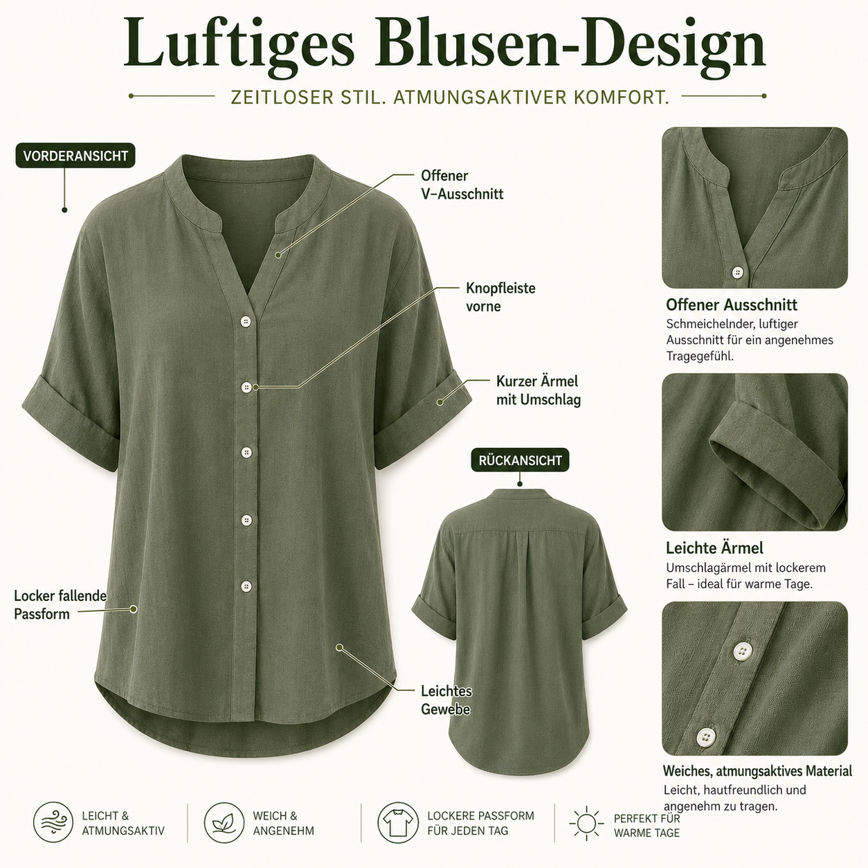 Details: geteilter Ausschnitt, Kn&ouml;pfe, gerollte &Auml;rmel und High-Low-Saum