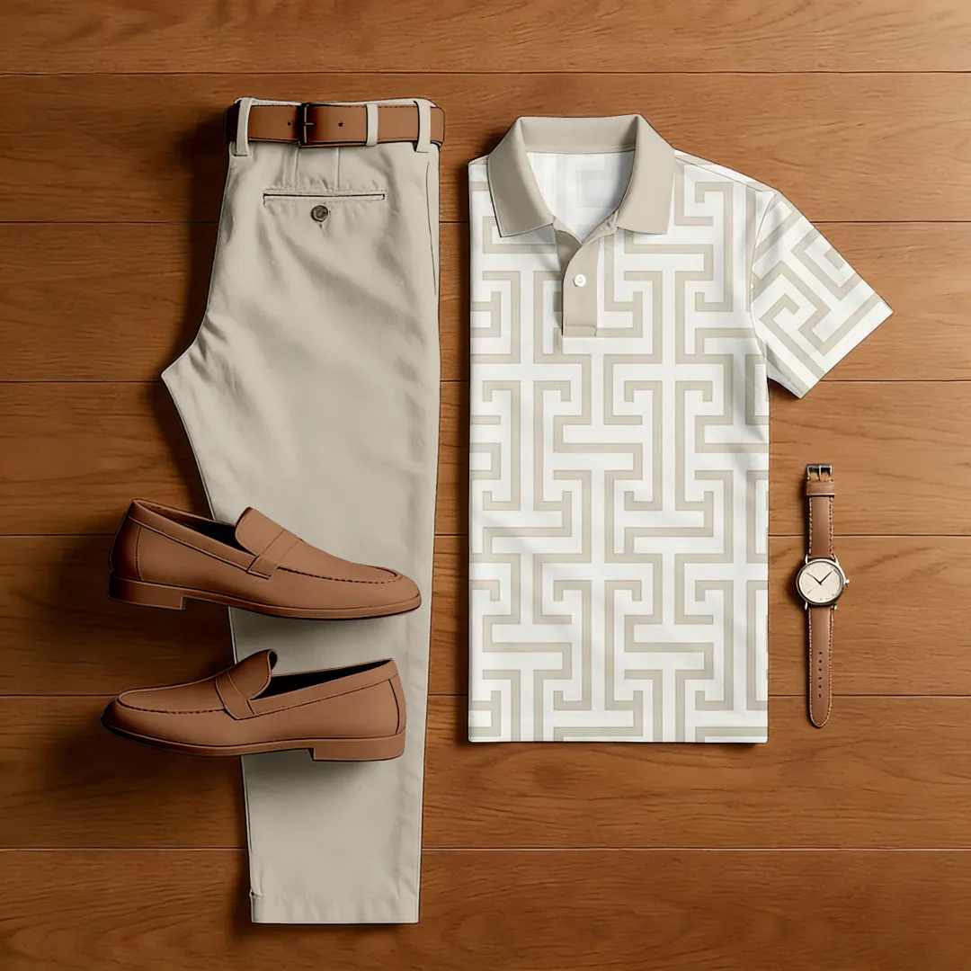 Men's Casual Color Matching Printed Polo-Collar Short Sleeved Trousers Two-Piece Set