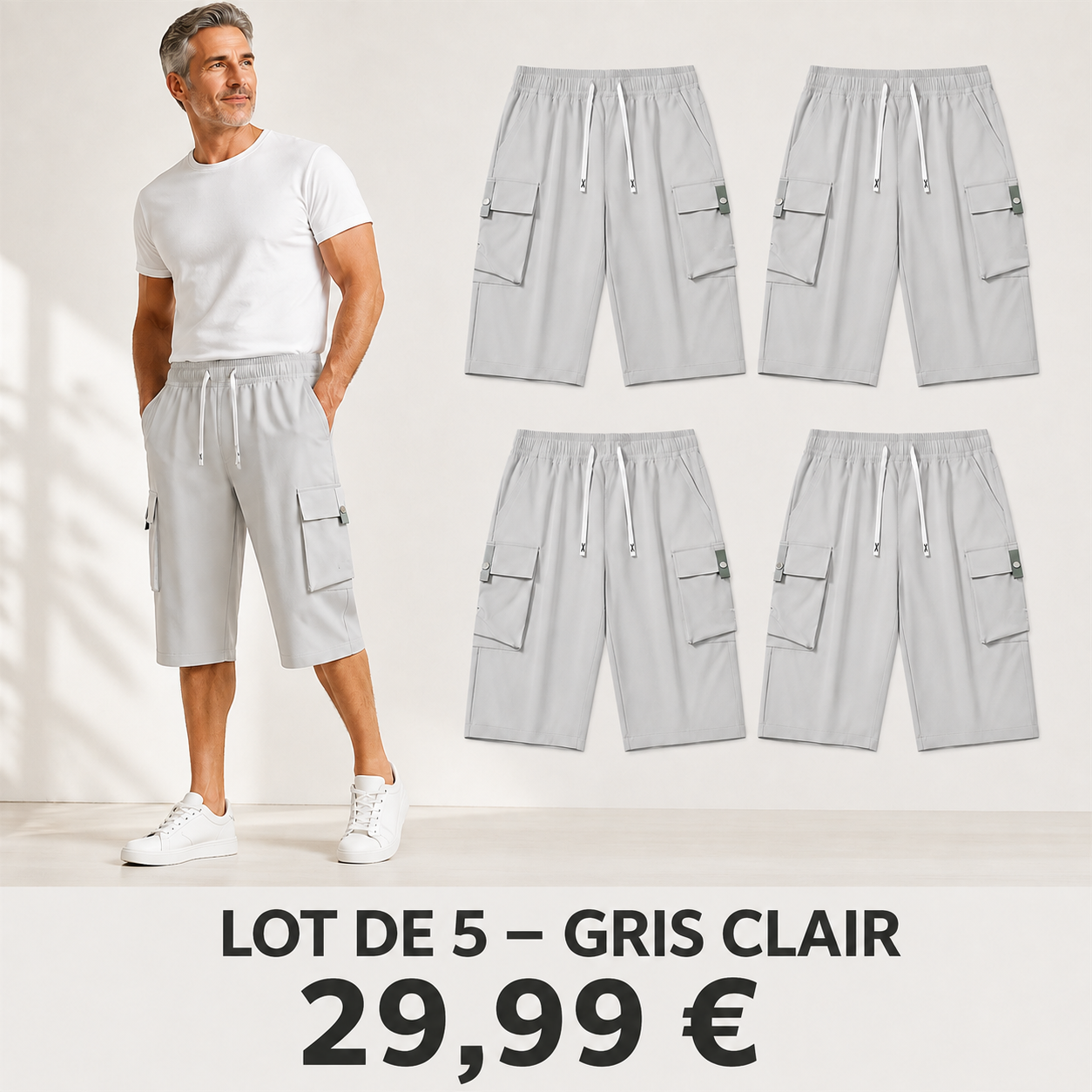 OFFRE FINALE - Lot de 10 a seulement 39,99 € - Pantacourt cargo homme a taille elastiquee et cordon