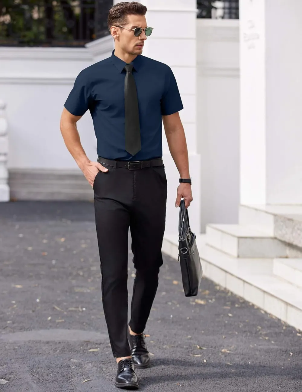 Chemise habillée à manches courtes pour homme – Sans repassage, décontractée, boutonnée, idéale à porter hors du pantalon pour l’été