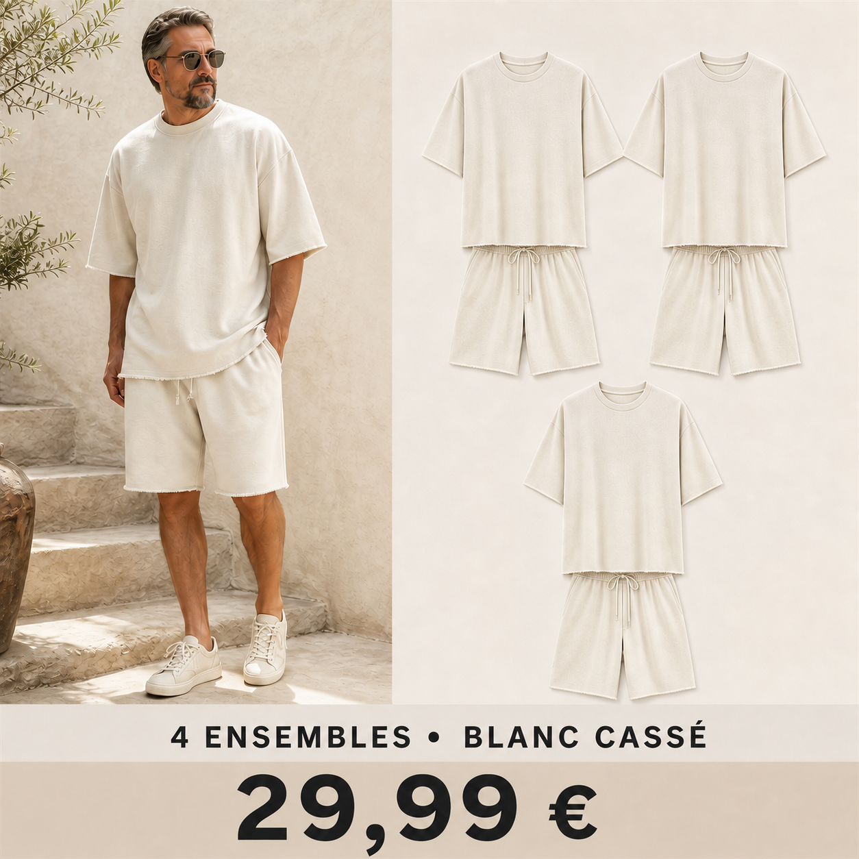 OFFRE FINALE - Lot de 8 a seulement 39,99 € - Ensemble homme avec t-shirt ample et short a cordon aux bords francs
