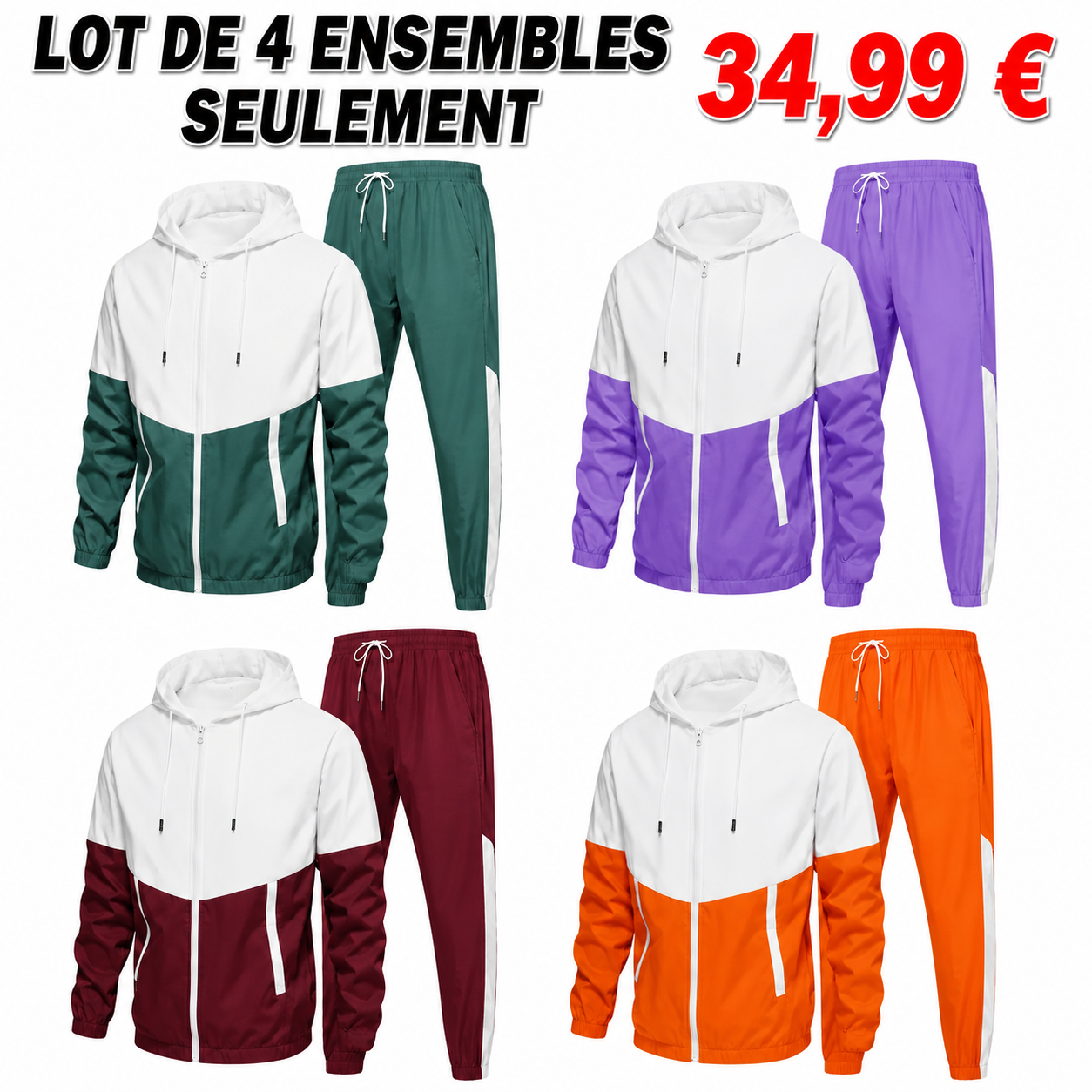Ensemble unisexe hoodie à cordon de serrage color-block et pantalon de survêtement à finition côtelée française