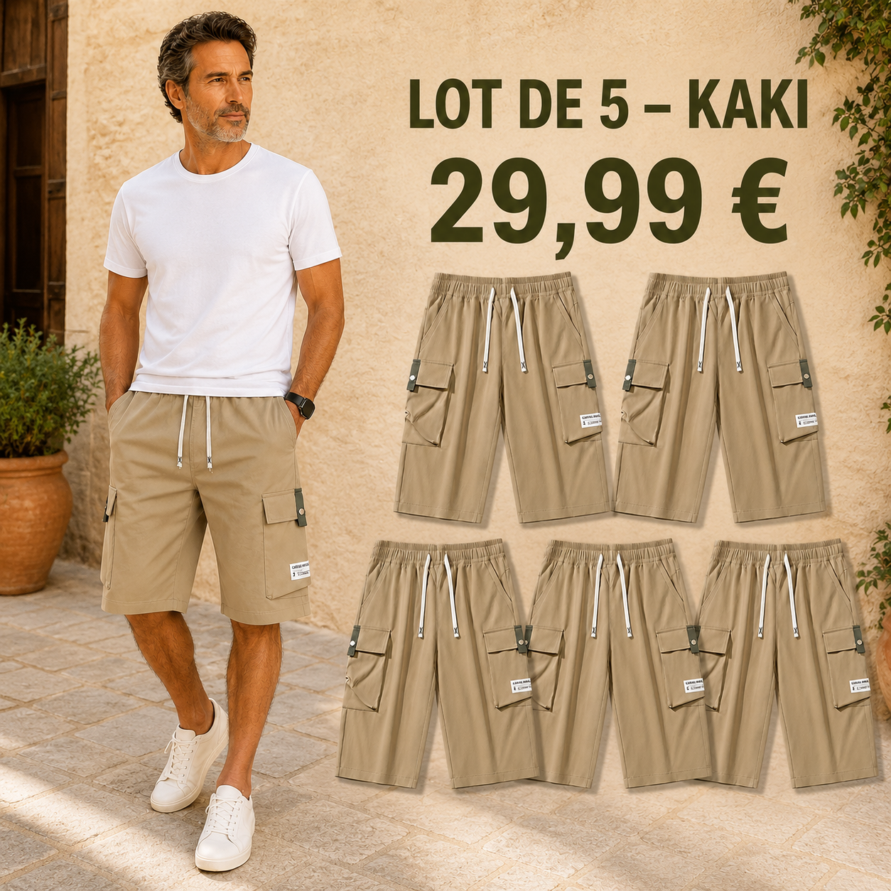 OFFRE FINALE - Lot de 10 a seulement 39,99 € - Pantacourt cargo homme a taille elastiquee et cordon