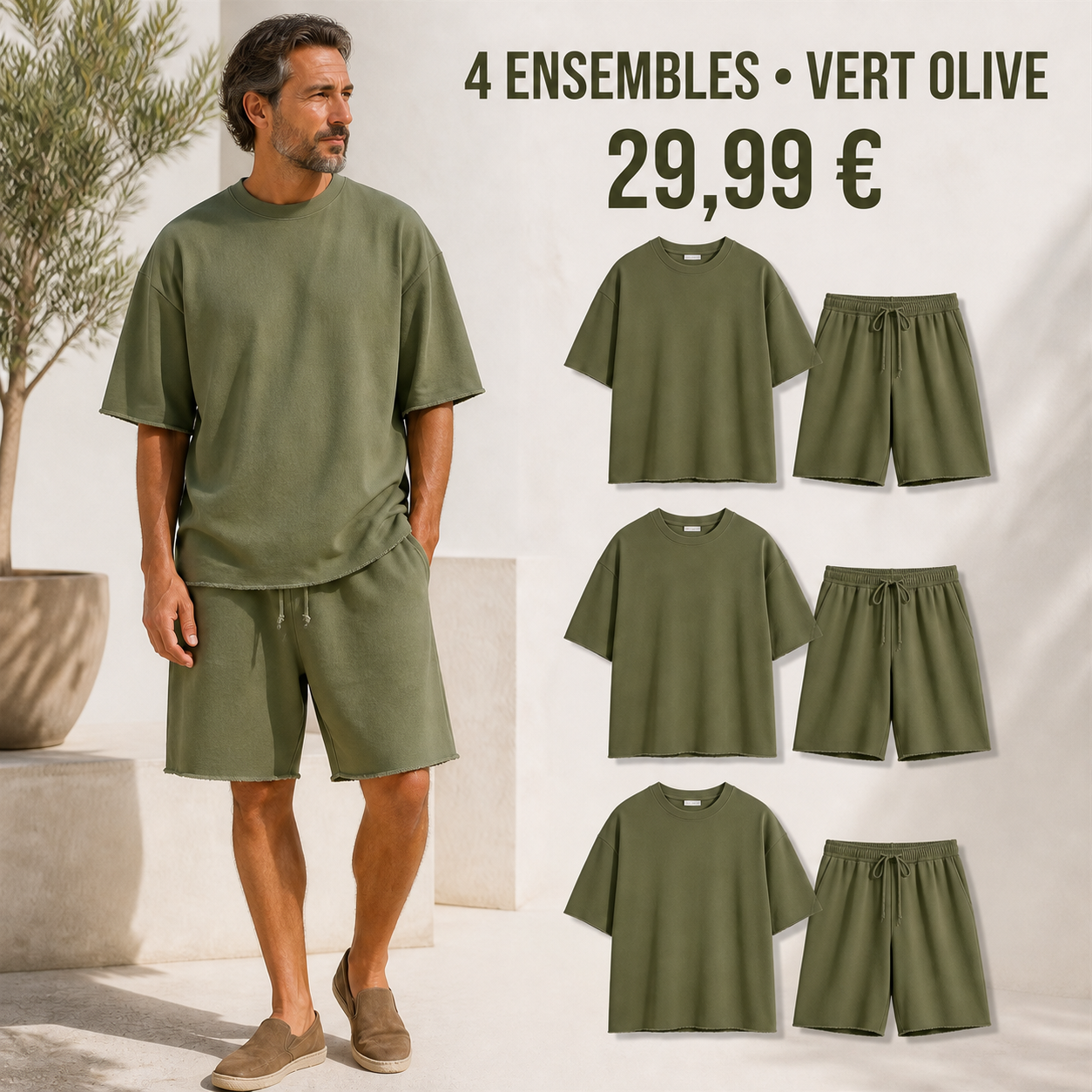 OFFRE FINALE - Lot de 8 a seulement 39,99 € - Ensemble homme avec t-shirt ample et short a cordon aux bords francs