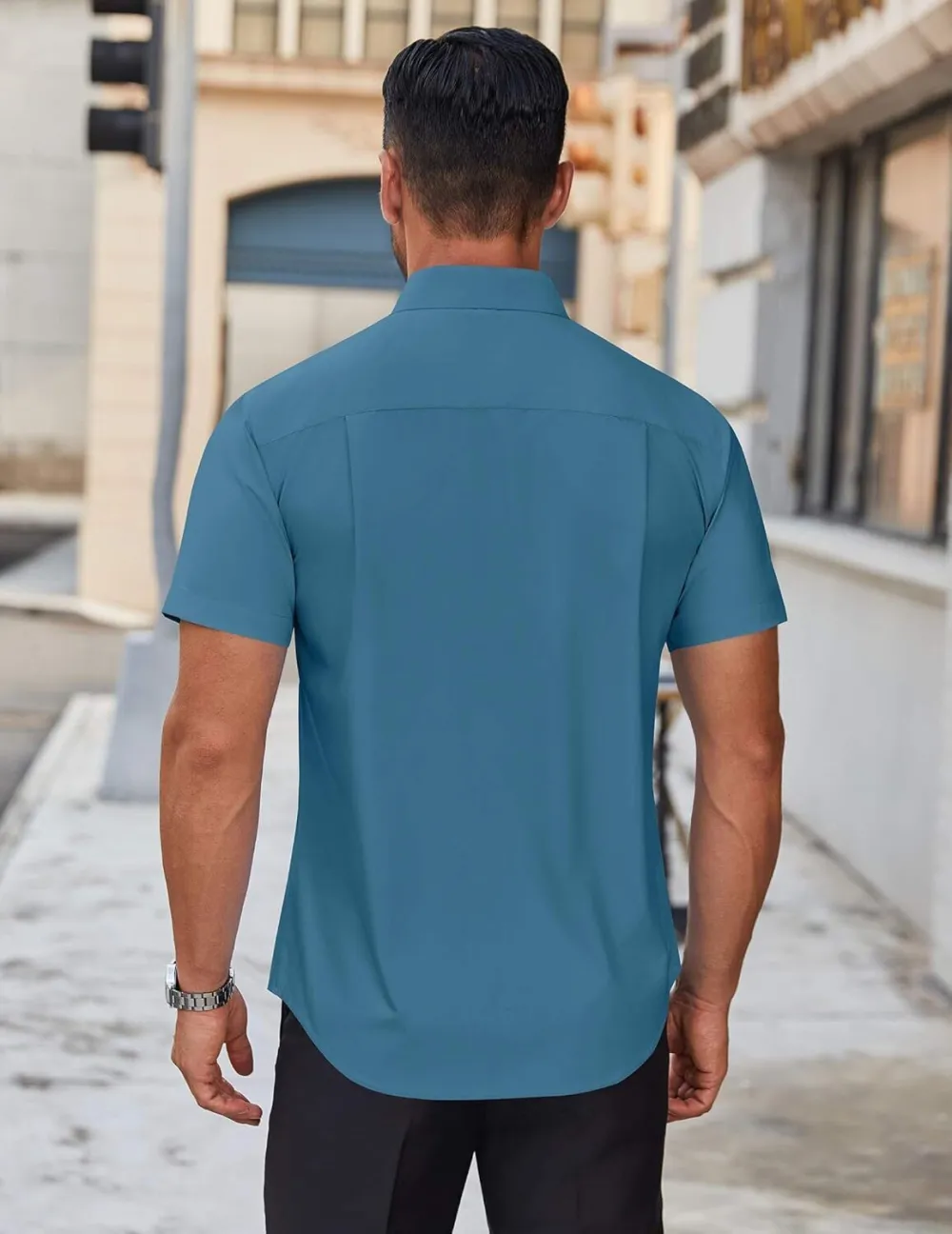 Chemise habillée à manches courtes pour homme – Sans repassage, décontractée, boutonnée, idéale à porter hors du pantalon pour l’été