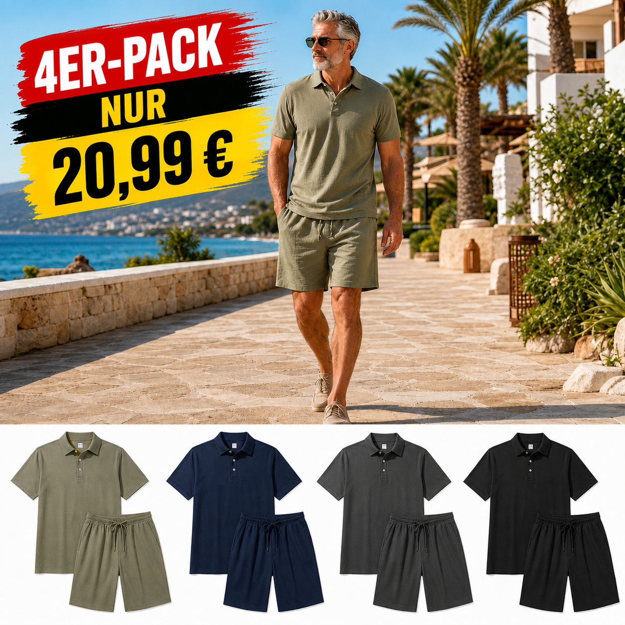 ⏰Räumungsverkauf⚡12er-Pack nur 33,86 €⚡Lockeres Herren-Poloshirt- und Shorts-Set