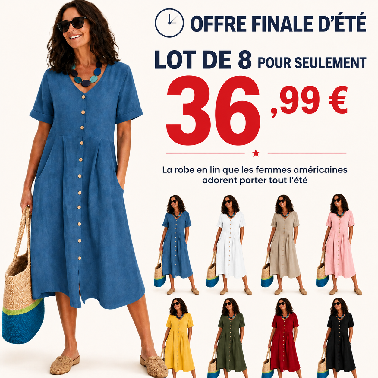 ⏰ DERNIÈRES SOLDES D’ÉTÉ ⚡ 8 pièces pour seulement 36,99 $ ⚡ La robe en lin préférée des femmes pour tout l’été