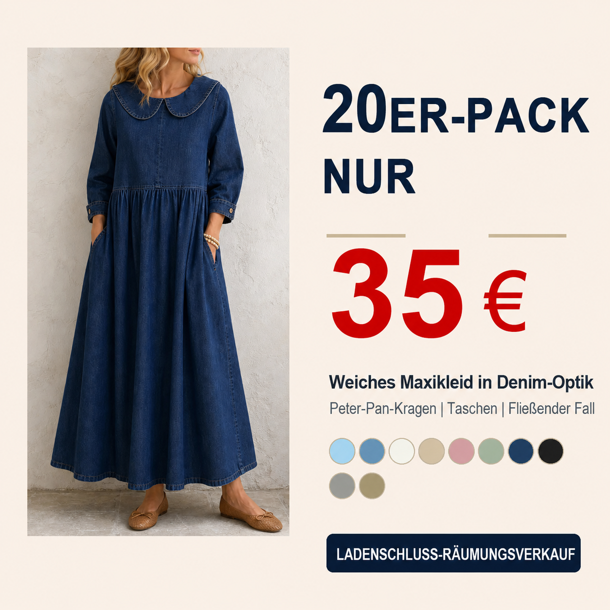 ⏰ Geschäftsaufgabe-Abverkauf ⚡ 10er-Pack nur 28 € ⚡ Damen Jeans-Maxikleid mit Bubikragen