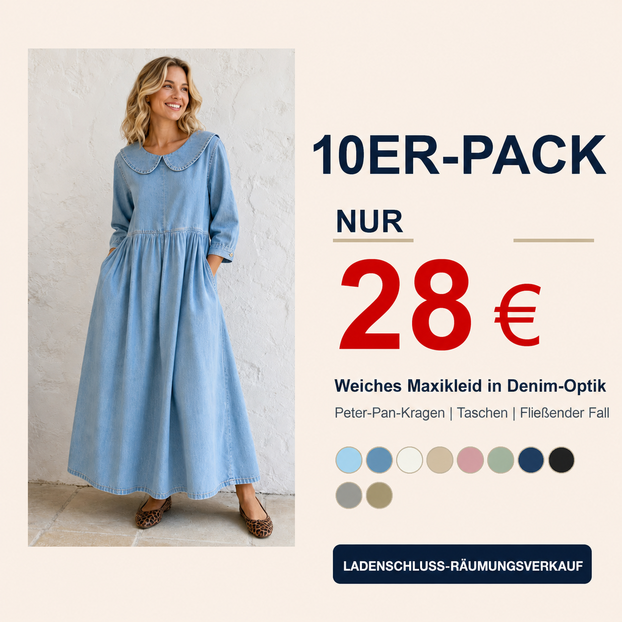 ⏰ Geschäftsaufgabe-Abverkauf ⚡ 10er-Pack nur 28 € ⚡ Damen Jeans-Maxikleid mit Bubikragen