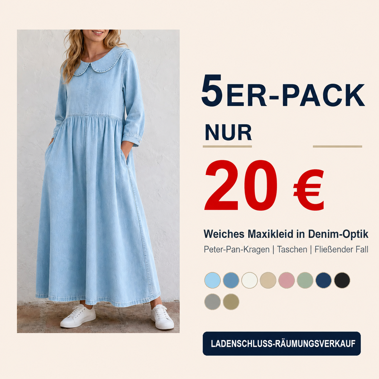 ⏰ Geschäftsaufgabe-Abverkauf ⚡ 10er-Pack nur 28 € ⚡ Damen Jeans-Maxikleid mit Bubikragen