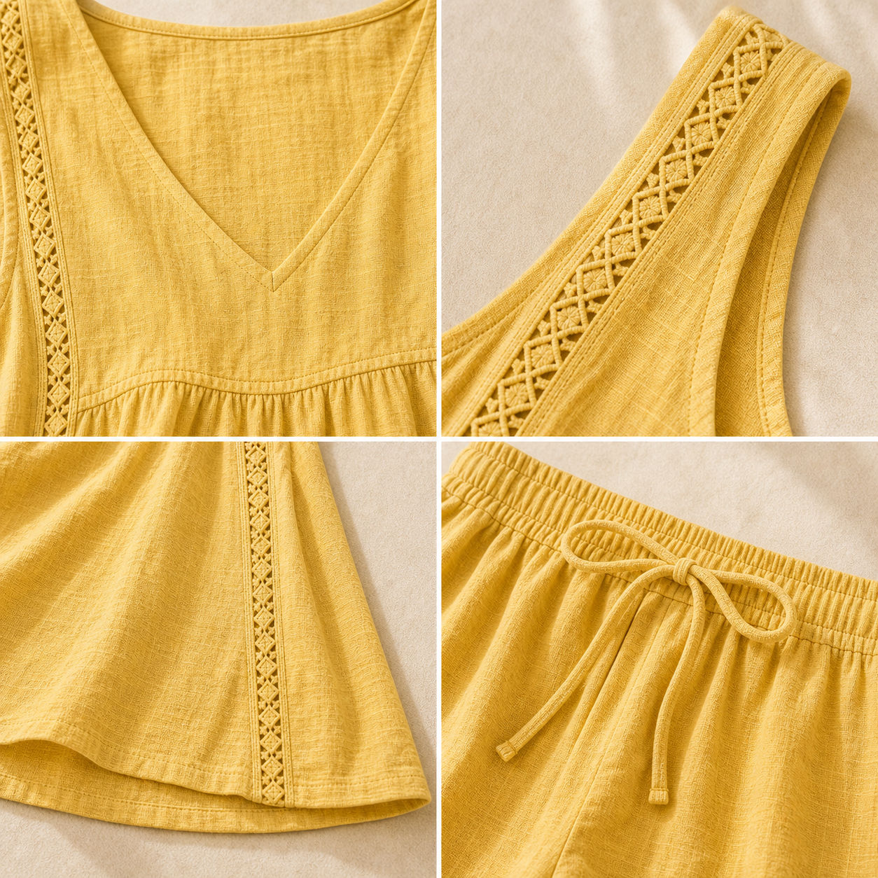 Women's V-Neck Sleeveless Top and Drawstring Shorts Set