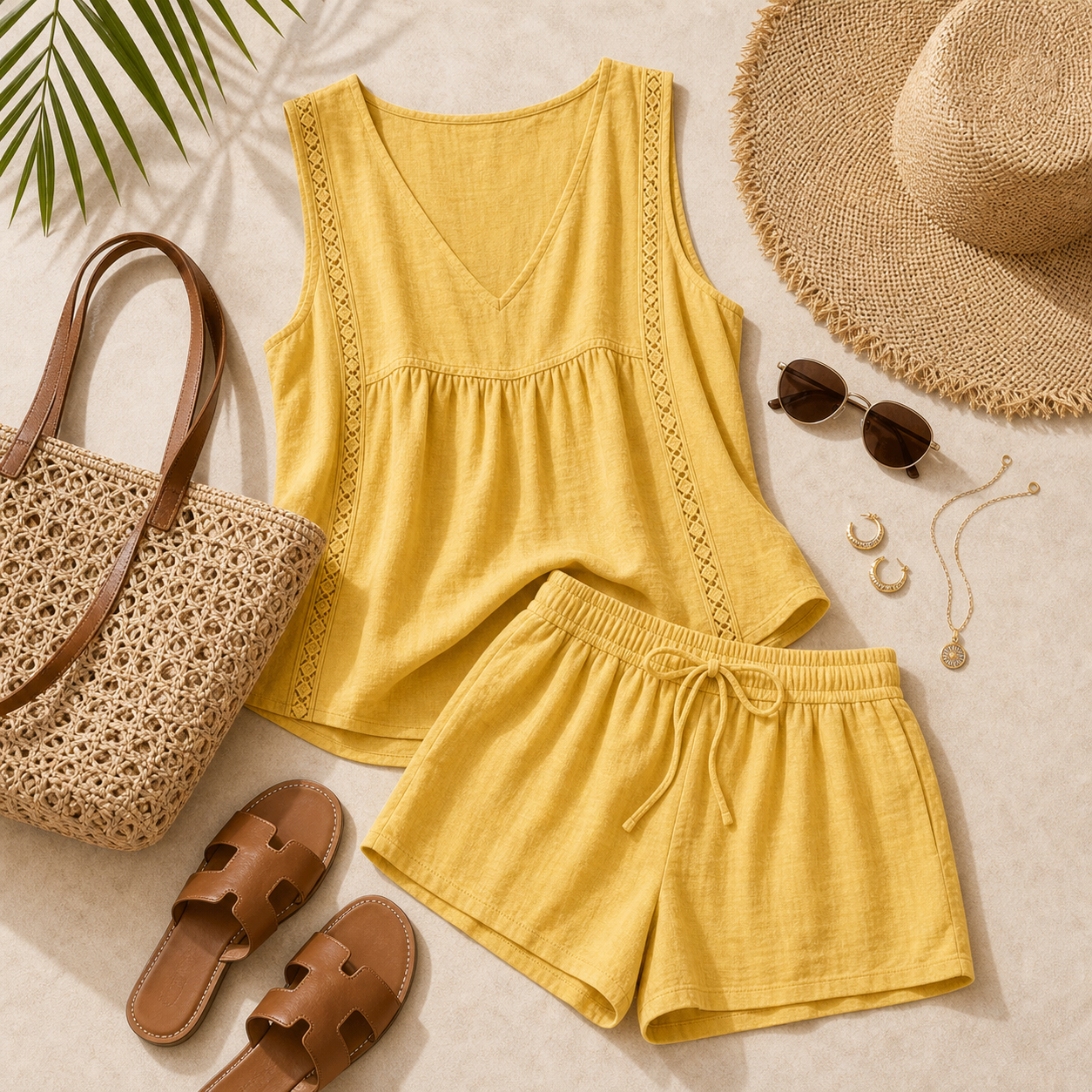 Women's V-Neck Sleeveless Top and Drawstring Shorts Set