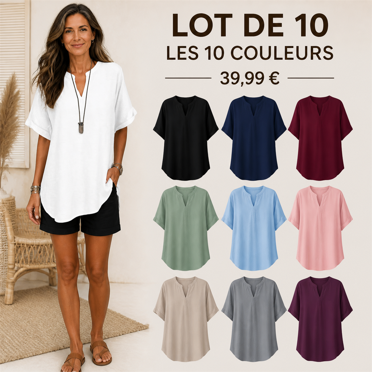 Lot de 10 tops femme amples dans toutes les couleurs