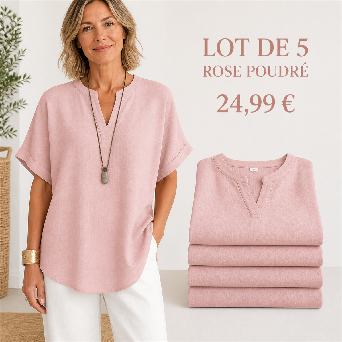 Lot de 5 tops femme rose poudré
