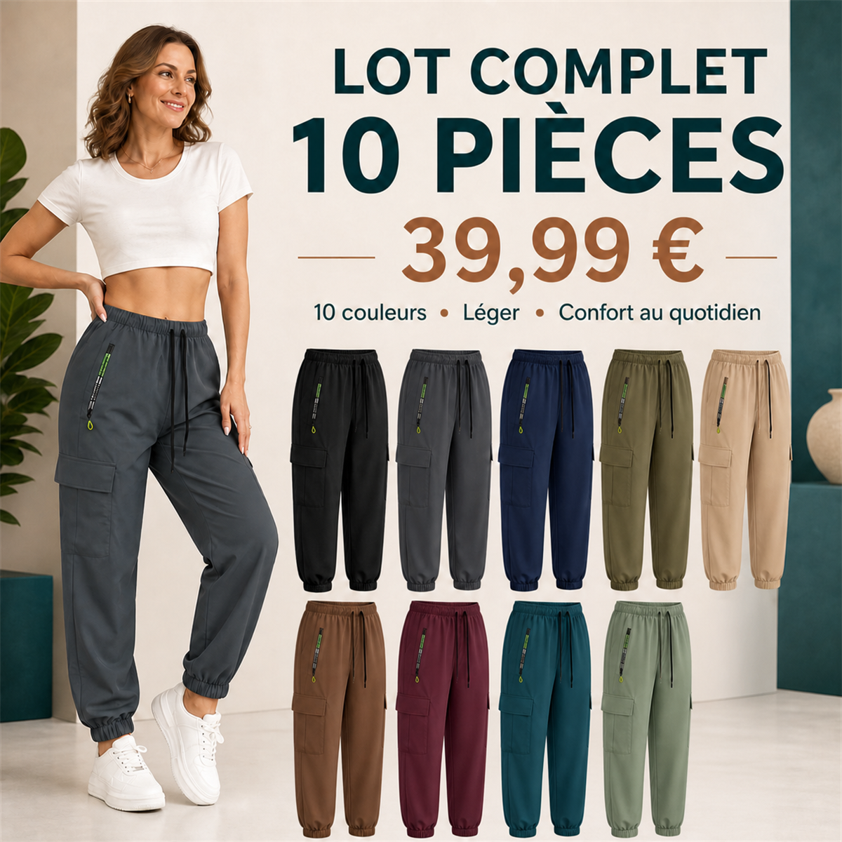 Offre en lot - Pantalon cargo leger femme a chevilles elastiquees