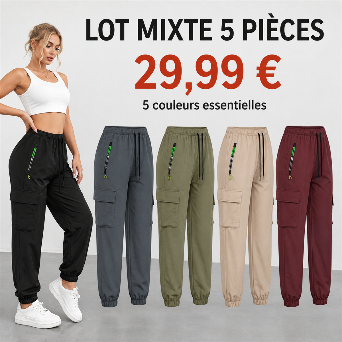 Offre en lot - Pantalon cargo leger femme a chevilles elastiquees
