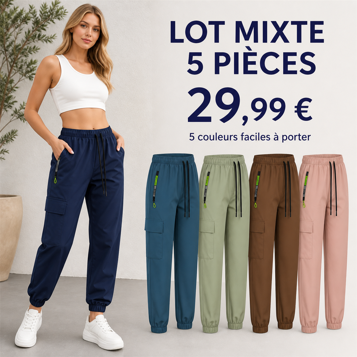Offre en lot - Pantalon cargo leger femme a chevilles elastiquees