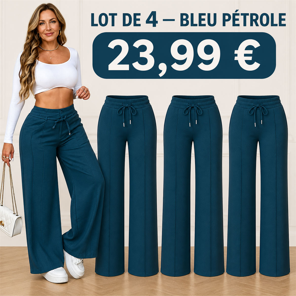 Offre en lot - Pantalon large femme a taille elastiquee et cordon