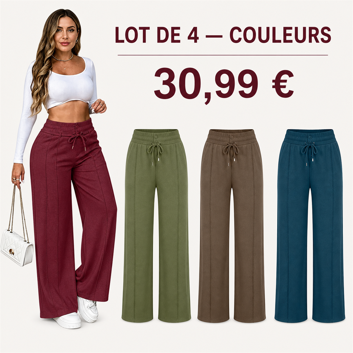 Offre en lot - Pantalon large femme a taille elastiquee et cordon