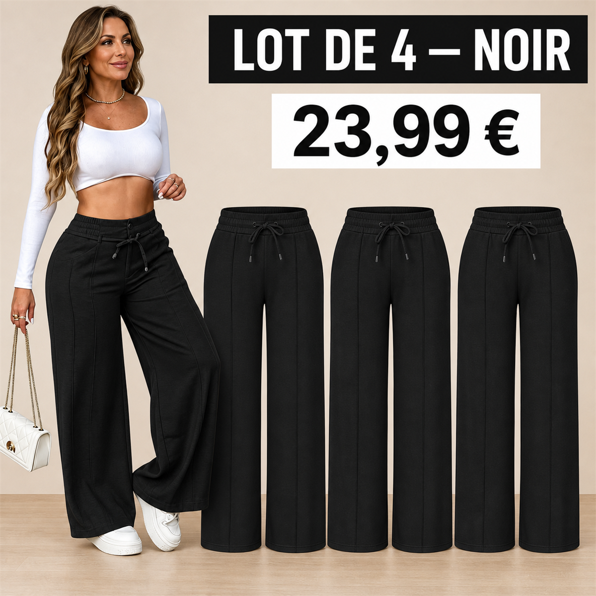 Offre en lot - Pantalon large femme a taille elastiquee et cordon