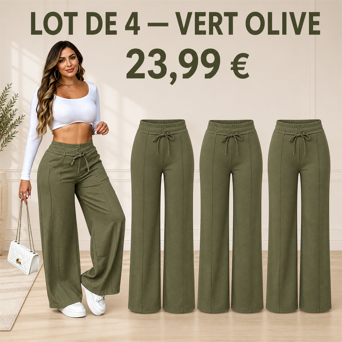 Offre en lot - Pantalon large femme a taille elastiquee et cordon
