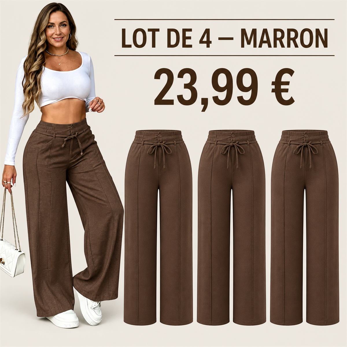 Offre en lot - Pantalon large femme a taille elastiquee et cordon