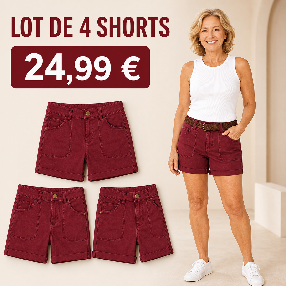 Offre en lot - Short decontracte femme a revers et poches