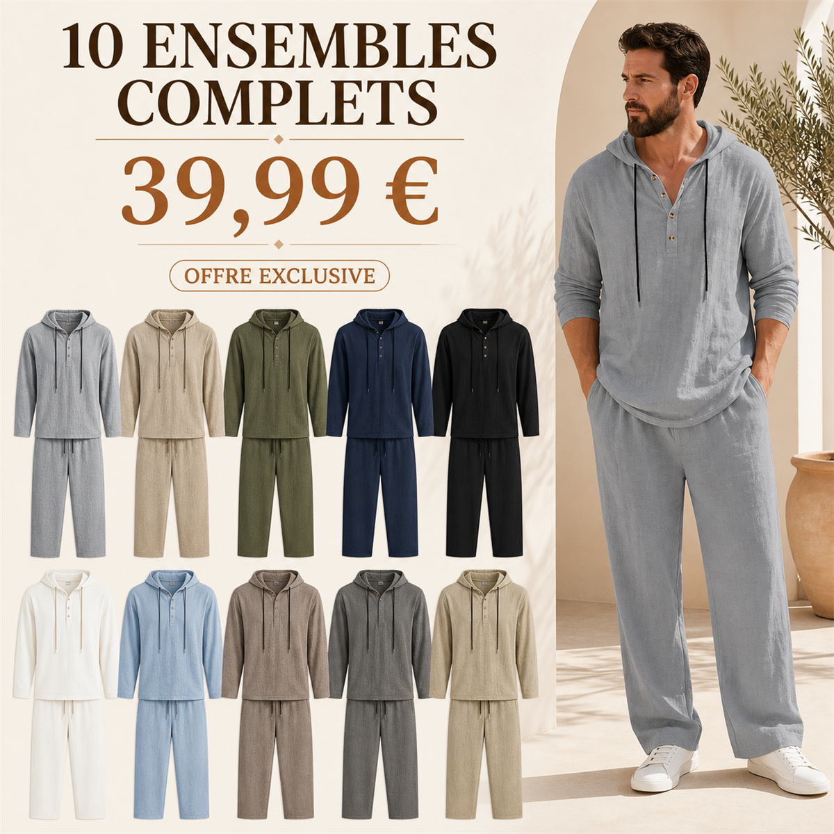 Offre en lot - Ensemble homme avec haut Henley a capuche et pantalon decontracte