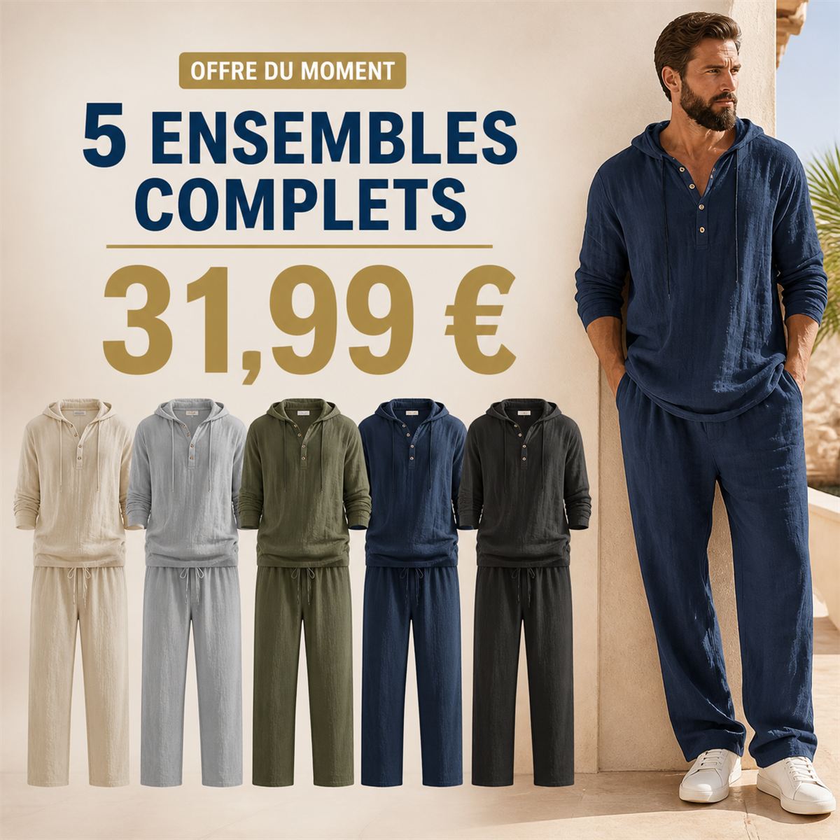 Offre en lot - Ensemble homme avec haut Henley a capuche et pantalon decontracte