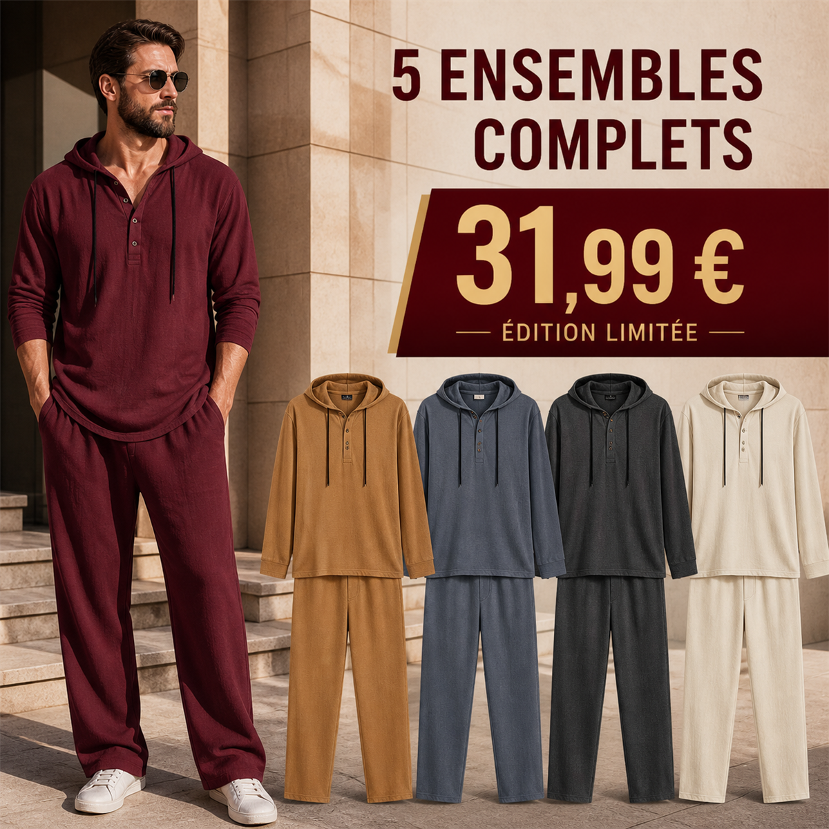 Offre en lot - Ensemble homme avec haut Henley a capuche et pantalon decontracte