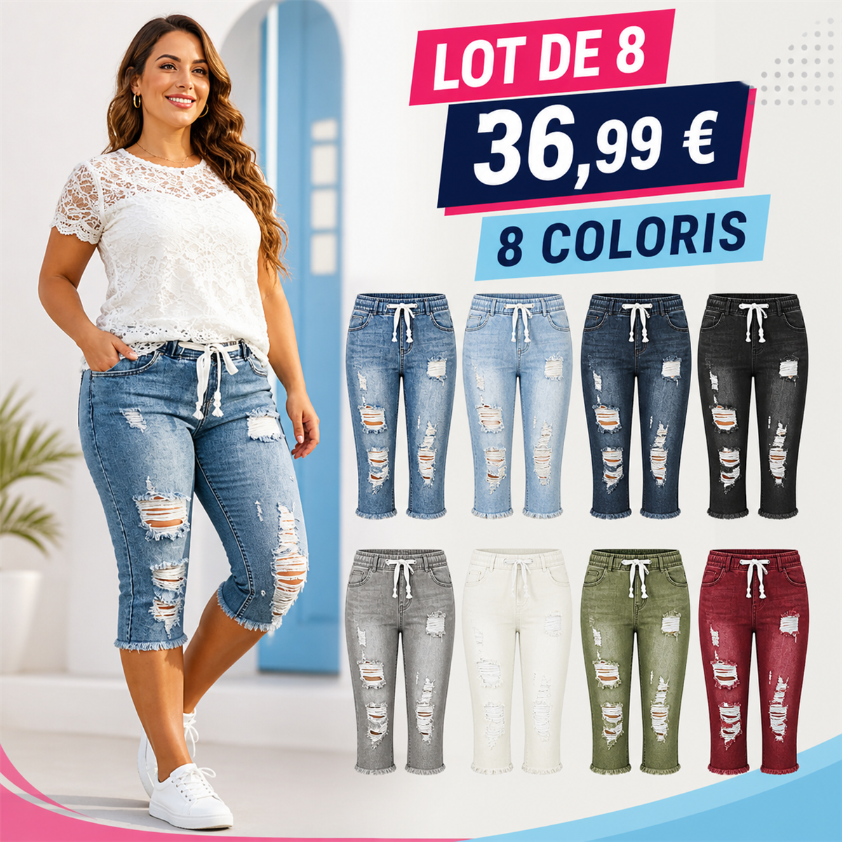 Offre en lot - Pantacourt en jean d茅chir茅 femme 脿 taille couliss茅e