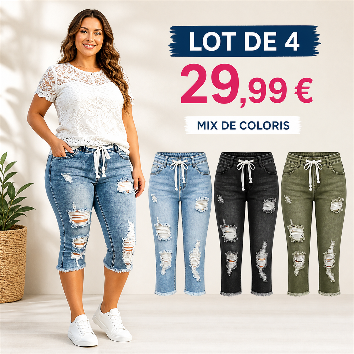 Offre en lot - Pantacourt en jean d茅chir茅 femme 脿 taille couliss茅e