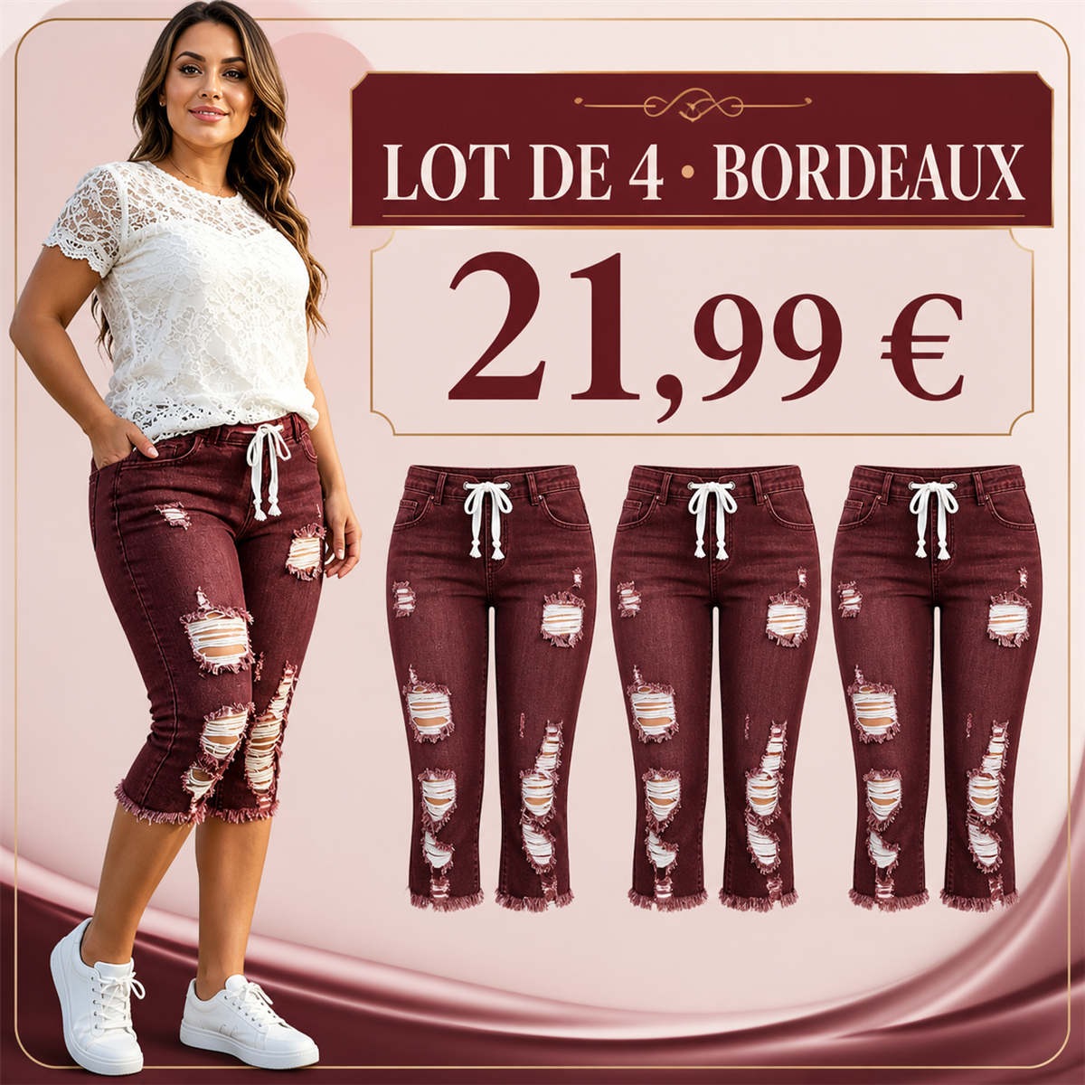 Offre en lot - Pantacourt en jean d茅chir茅 femme 脿 taille couliss茅e