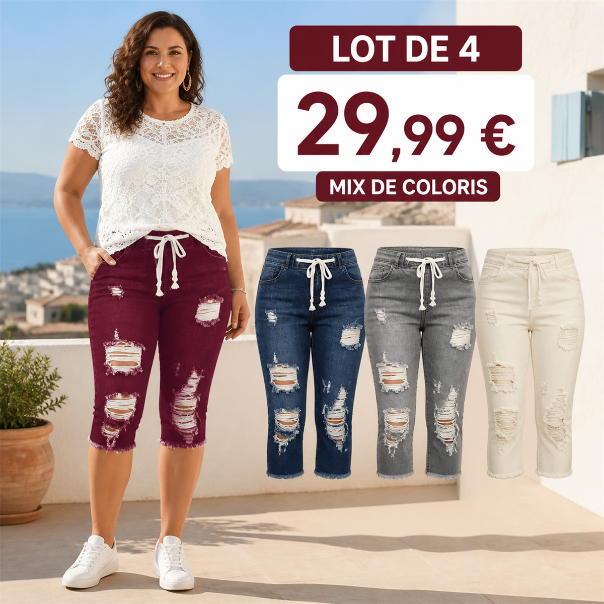 Offre en lot - Pantacourt en jean d茅chir茅 femme 脿 taille couliss茅e