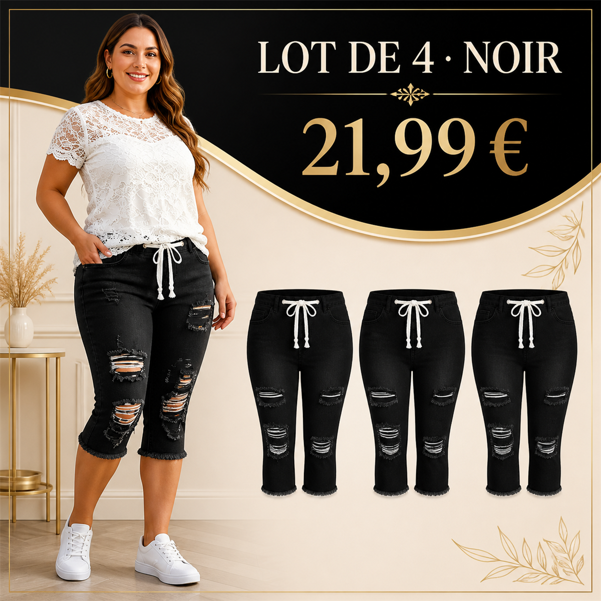 Offre en lot - Pantacourt en jean d茅chir茅 femme 脿 taille couliss茅e