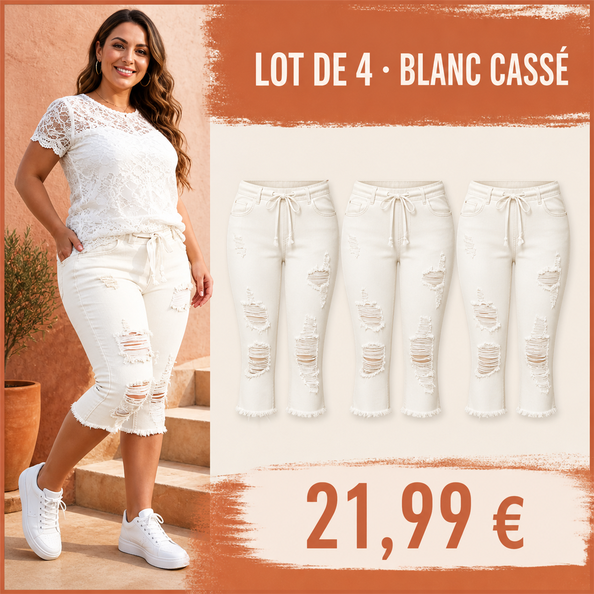 Offre en lot - Pantacourt en jean d茅chir茅 femme 脿 taille couliss茅e