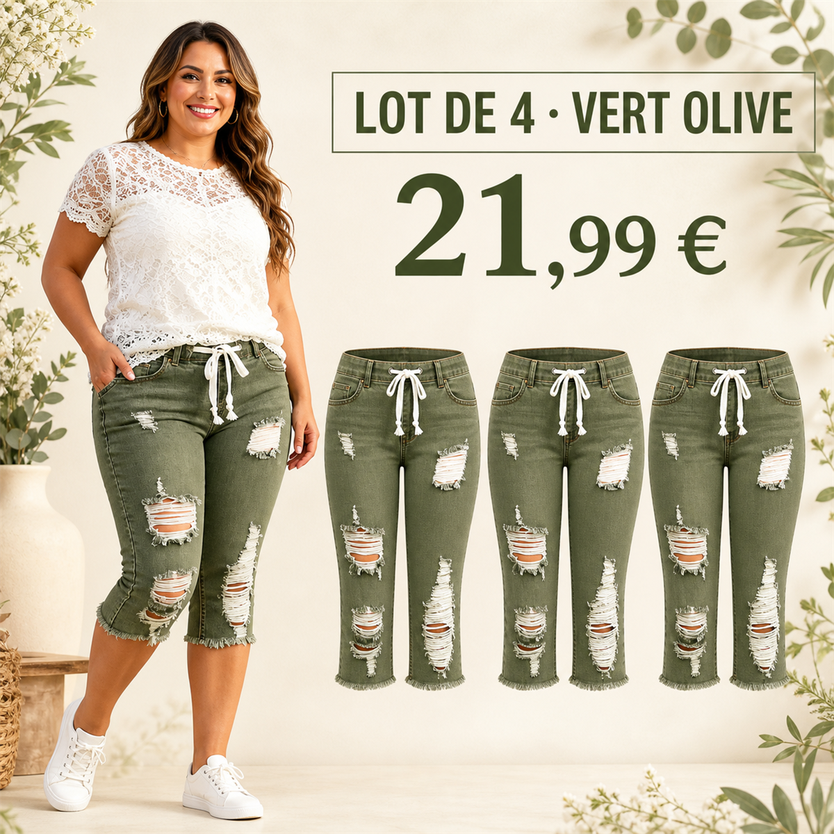 Offre en lot - Pantacourt en jean d茅chir茅 femme 脿 taille couliss茅e