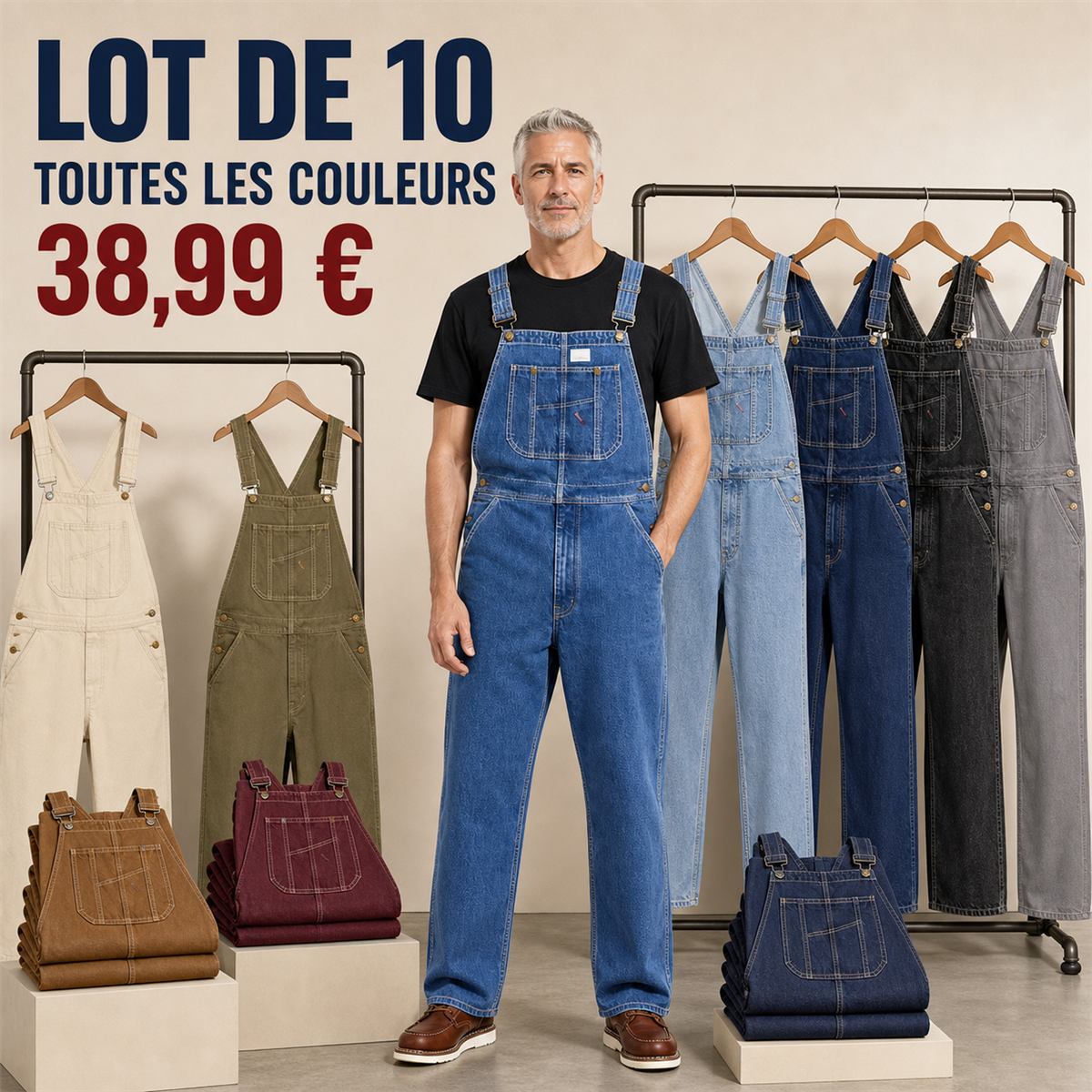 Offre en lot - Salopette en jean homme 脿 coupe droite et poche bavette
