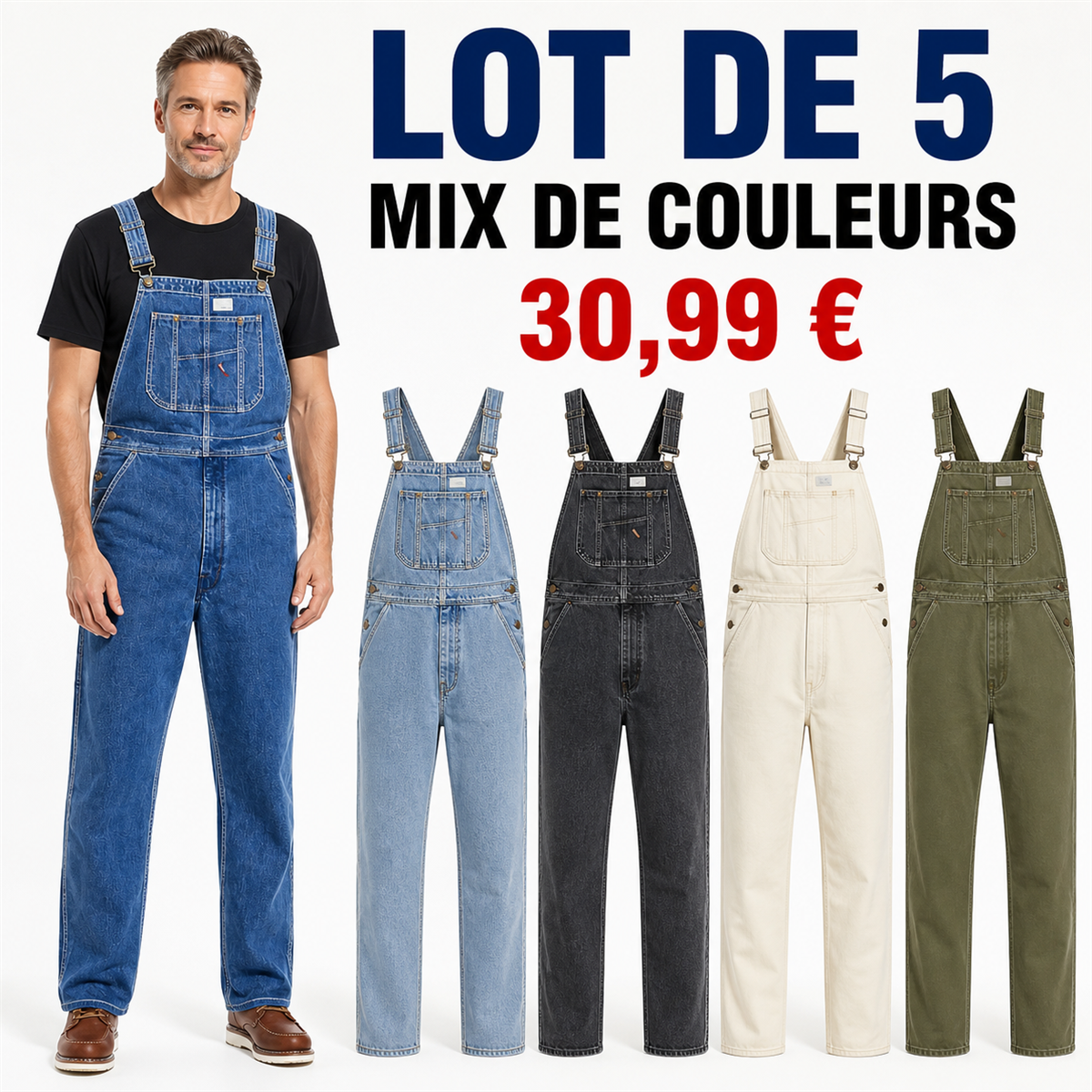 Offre en lot - Salopette en jean homme 脿 coupe droite et poche bavette