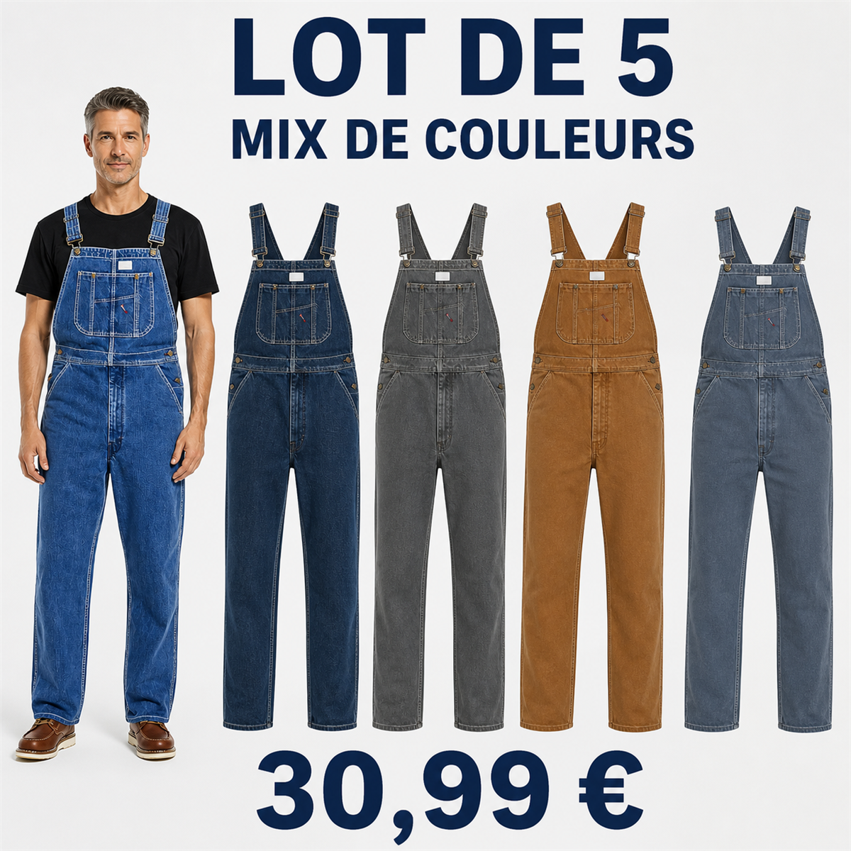 Offre en lot - Salopette en jean homme 脿 coupe droite et poche bavette