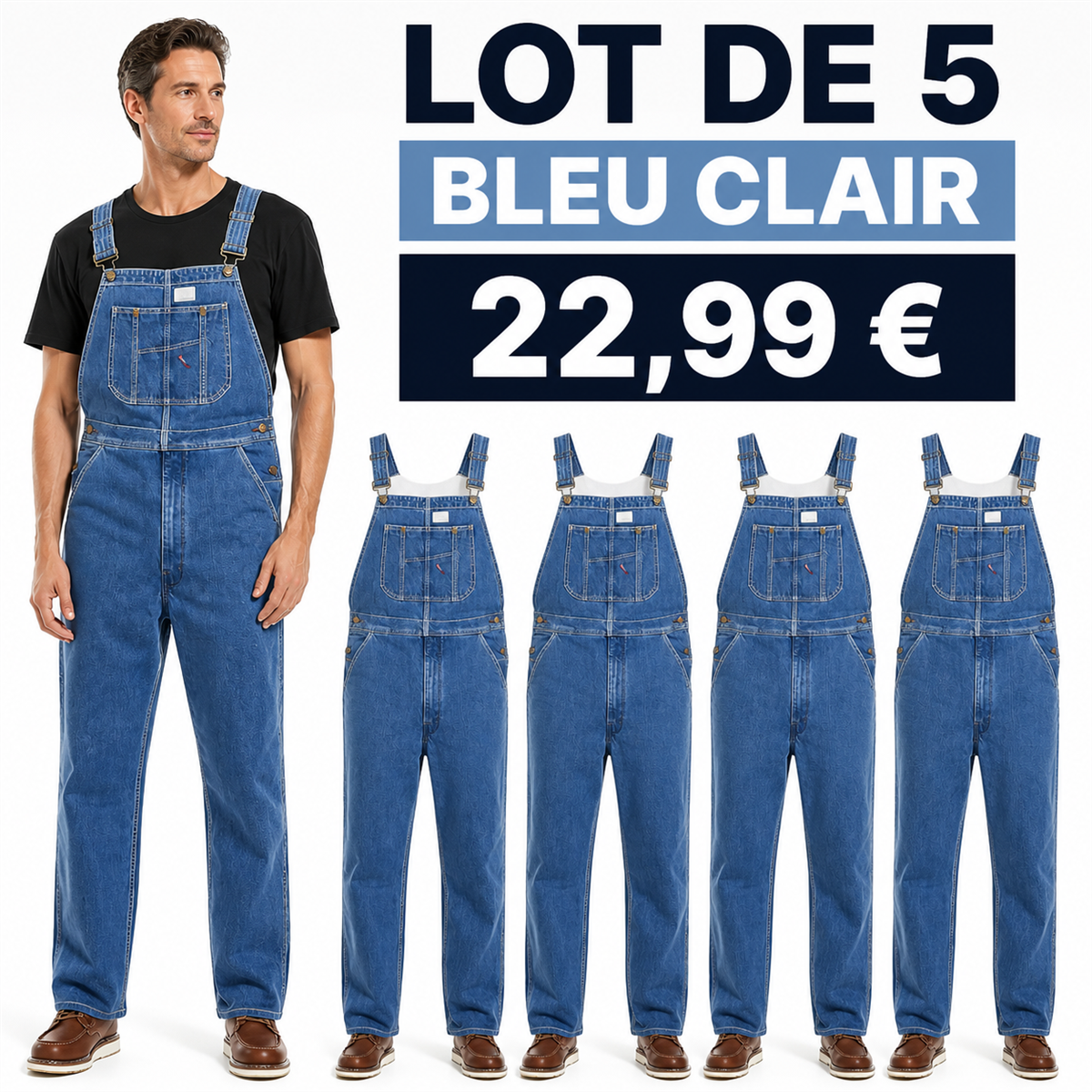 Offre en lot - Salopette en jean homme 脿 coupe droite et poche bavette