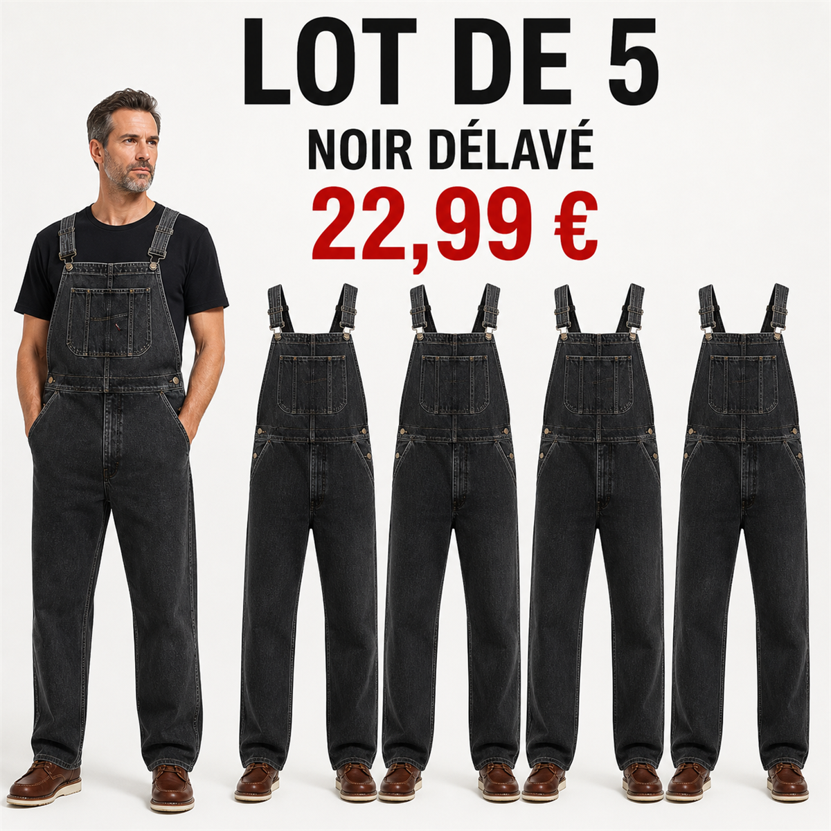 Offre en lot - Salopette en jean homme 脿 coupe droite et poche bavette