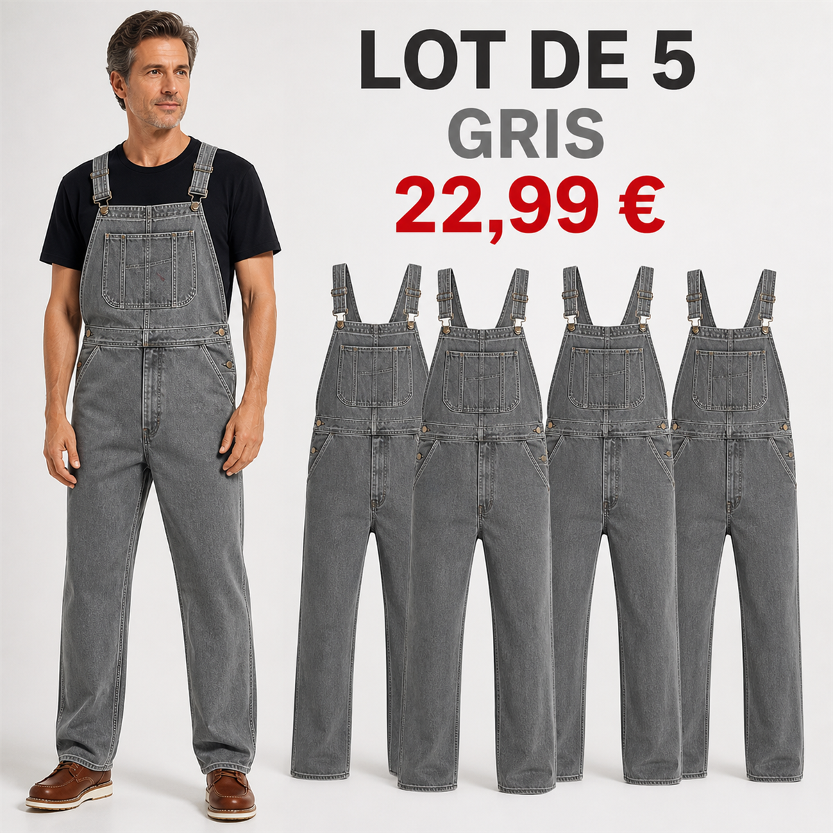 Offre en lot - Salopette en jean homme 脿 coupe droite et poche bavette