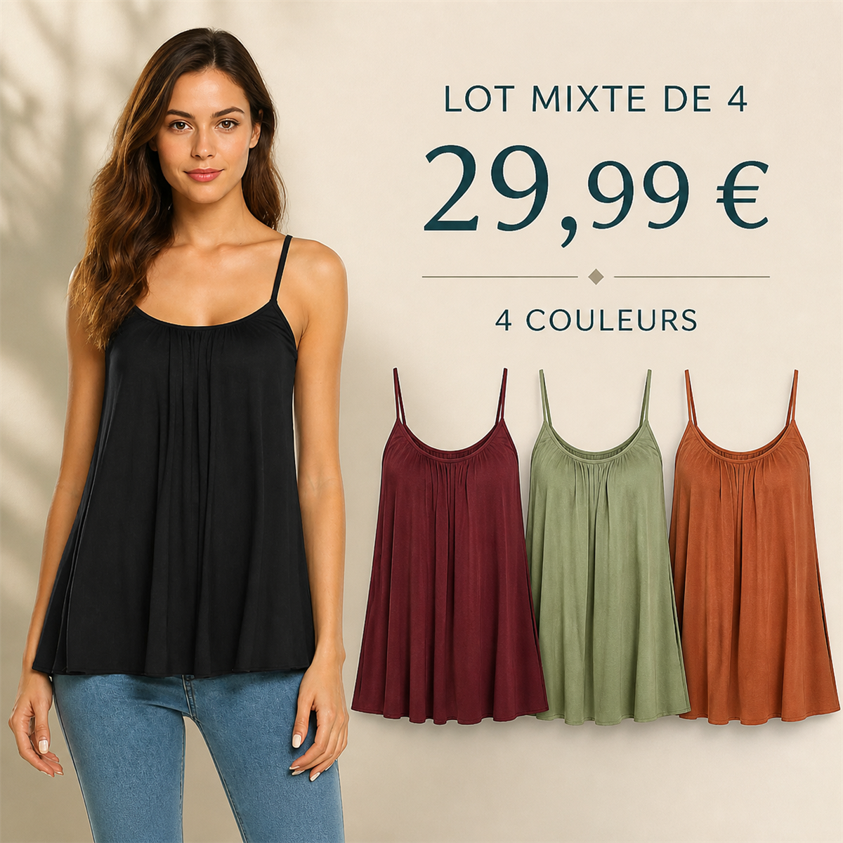 Offre en lot - Caraco fluide femme à fines bretelles et encolure froncée