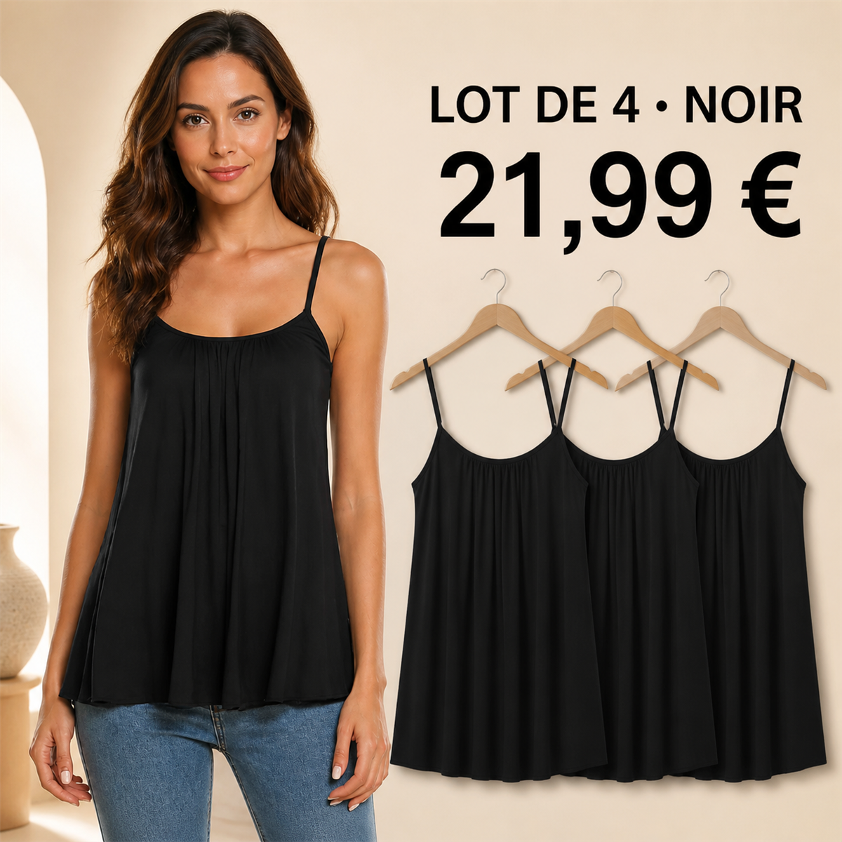 Offre en lot - Caraco fluide femme à fines bretelles et encolure froncée