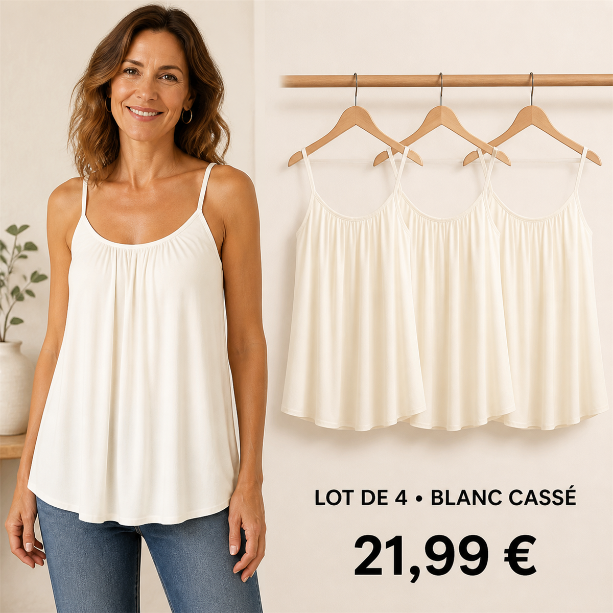 Offre en lot - Caraco fluide femme à fines bretelles et encolure froncée