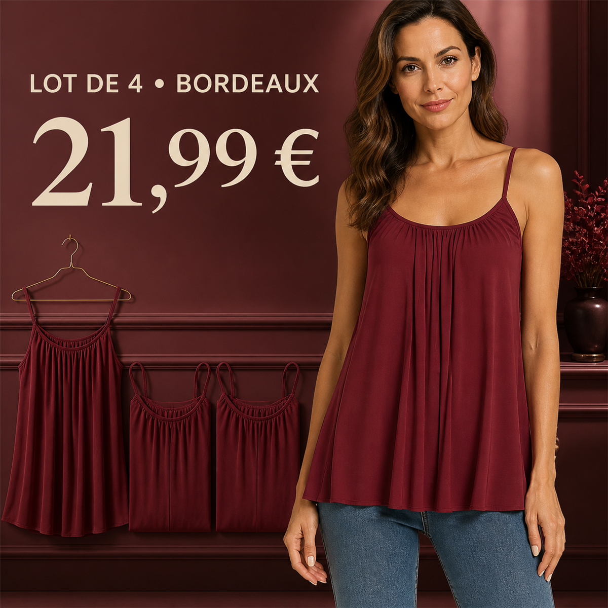 Offre en lot - Caraco fluide femme à fines bretelles et encolure froncée